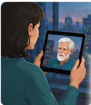 An adult child holding a tablet, video-calling her father who appears on the screen.
