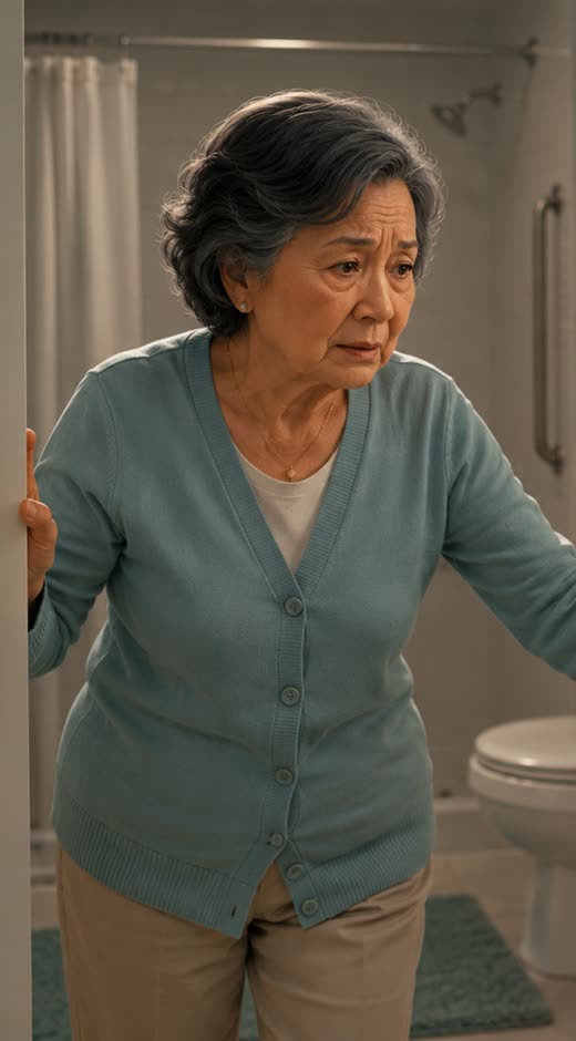 An elderly man steadying himself against the wall in a dim hallway at night, a cane nearby.
