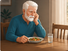 An elderly man eating dinner alone at a table, resting his head on his hand.