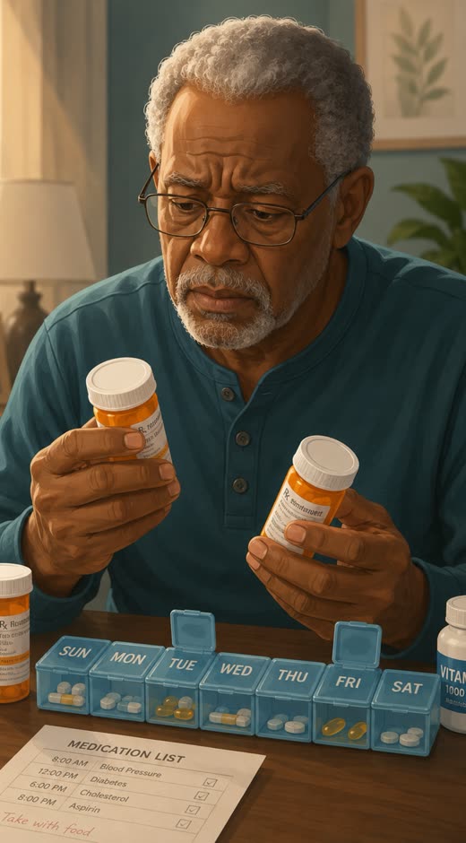 An older man holding several pill bottles, looking confused beside a weekly pill organizer.