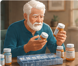 An older man holding several pill bottles, looking confused beside a weekly pill organizer.