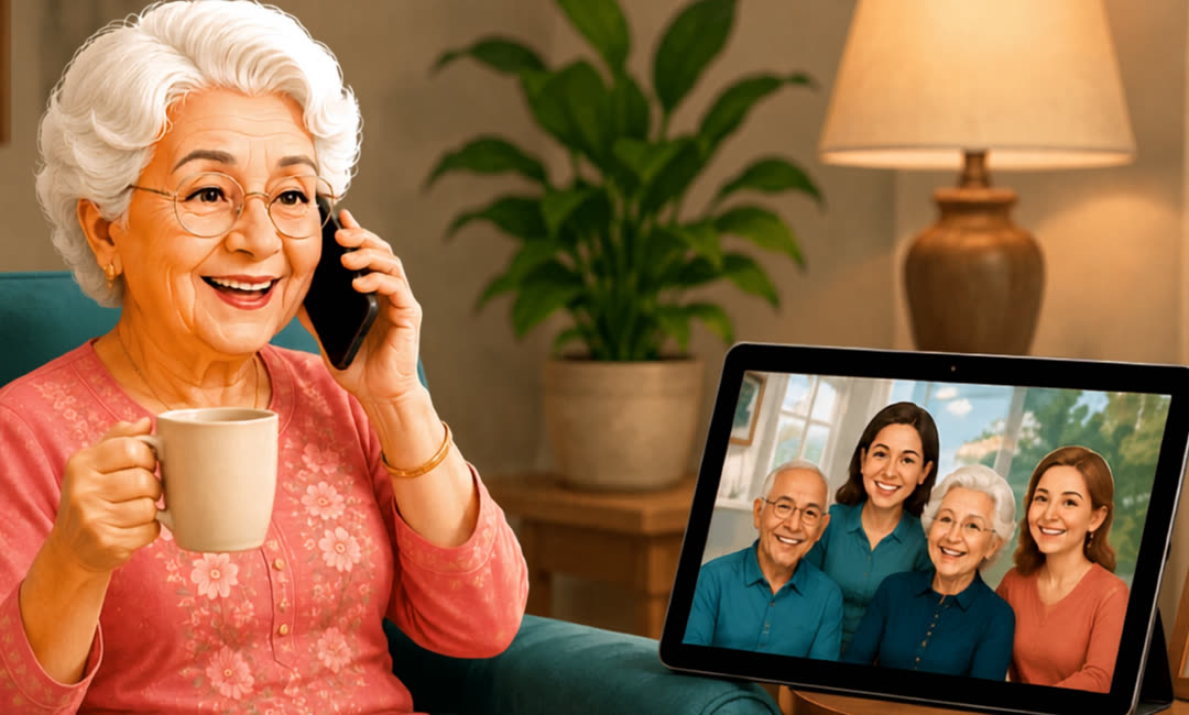 An older woman on a friendly call while her family smiles from a tablet — one companion, ten calls a month.