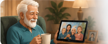 An older man sitting peacefully with a cup of tea, smiling while talking with family on a tablet.