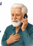 An older man on the phone with a hand resting on his heart.