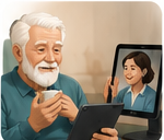 An older man enjoying a hobby over a video call with his companion.