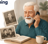 An older man on the phone sharing memories, with old photographs around him.